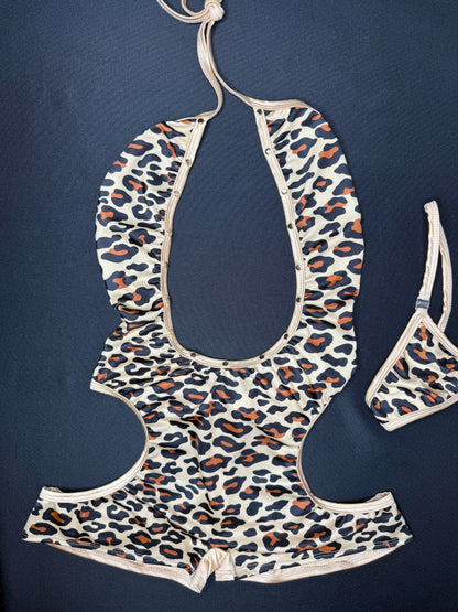 Tan Cheetah Animal Print One-Piece Lingerie Outfit