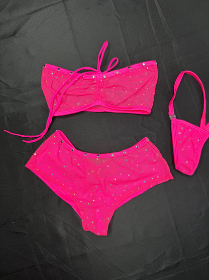 Hot Pink Mesh Tube-Top/Shorts Two-Piece Lingerie Outfit