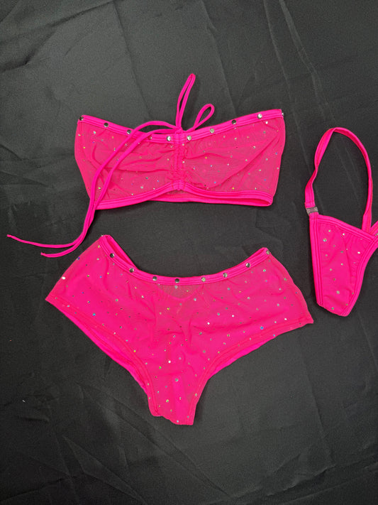 Hot Pink Mesh Tube-Top/Shorts Two-Piece Lingerie Outfit