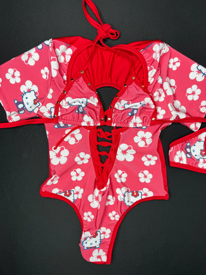 Red Kitty Print Spandex One-Piece Leotard Lingerie Outfit