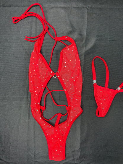 Red Sparkle Mesh One-Piece Lingerie Outfit