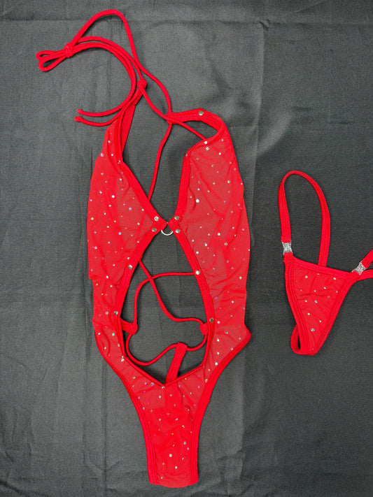 Red Sparkle Mesh One-Piece Lingerie Outfit