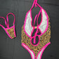 Cheetah Print/Hot Pink Fishnet Spandex One-Piece Hot Pink Fishnet Shorts Three-Piece Lingerie Outfit
