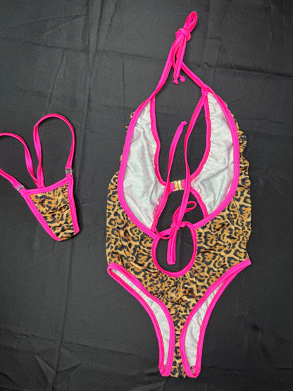Cheetah Print/Hot Pink Fishnet Spandex One-Piece Hot Pink Fishnet Shorts Three-Piece Lingerie Outfit