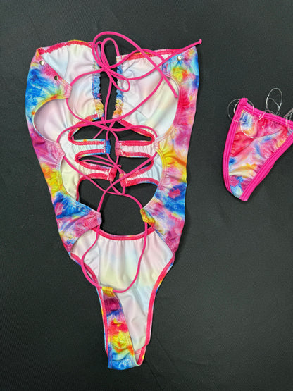 Metallic Rainbow Spandex One-Piece Lingerie Outfit
