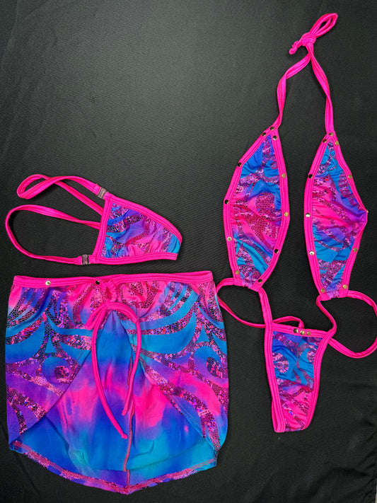 Pink/Blue Spandex Slingshot/Skirt Three-Piece Outfit
