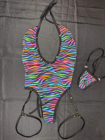 Neon Rainbow Zebra Print/Black Spandex One-Piece Garters Lingerie Outfit