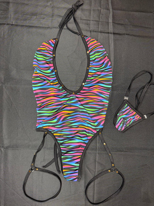 Neon Rainbow Zebra Print/Black Spandex One-Piece Garters Lingerie Outfit