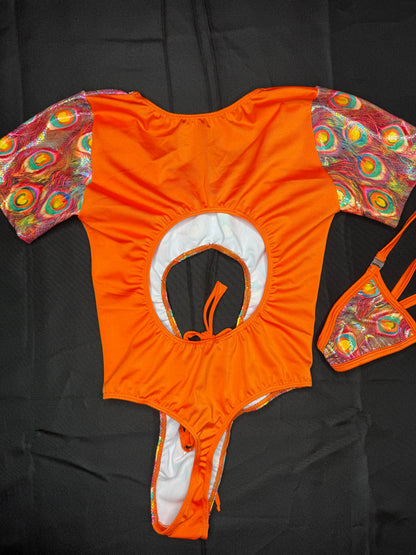 Peacock Animal Print/Orange Spandex Short Sleeve Leotard Lingerie Outfit