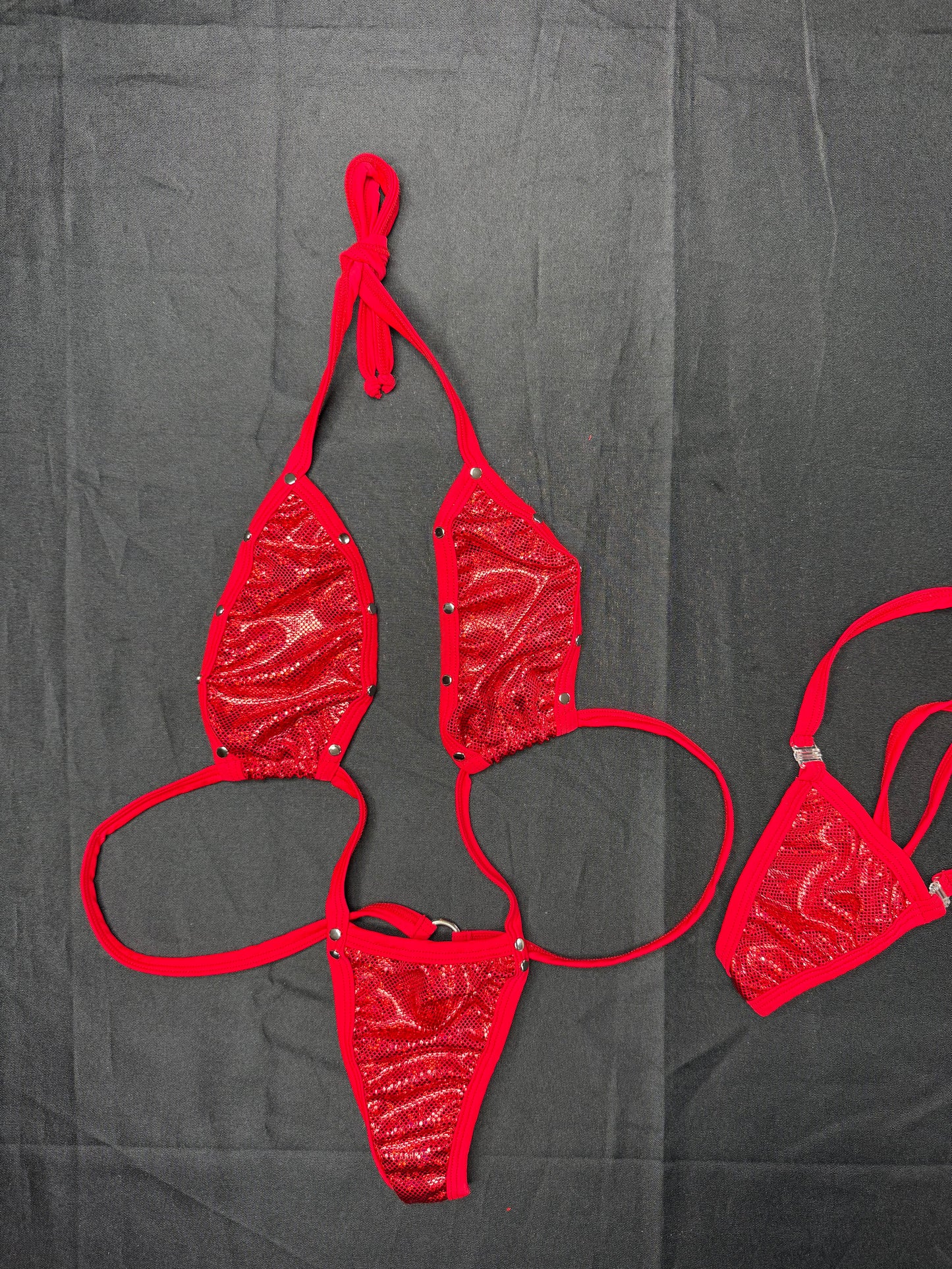Metallic Red/Red Spandex Sling-Shot One-Piece Lingerie Outfit