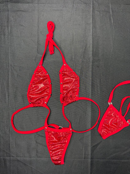 Metallic Red/Red Spandex Sling-Shot One-Piece Lingerie Outfit