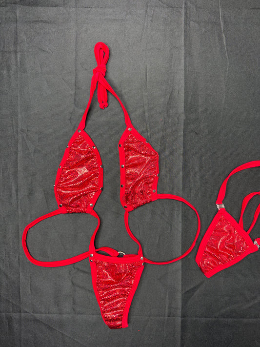 Metallic Red/Red Spandex Sling-Shot One-Piece Lingerie Outfit