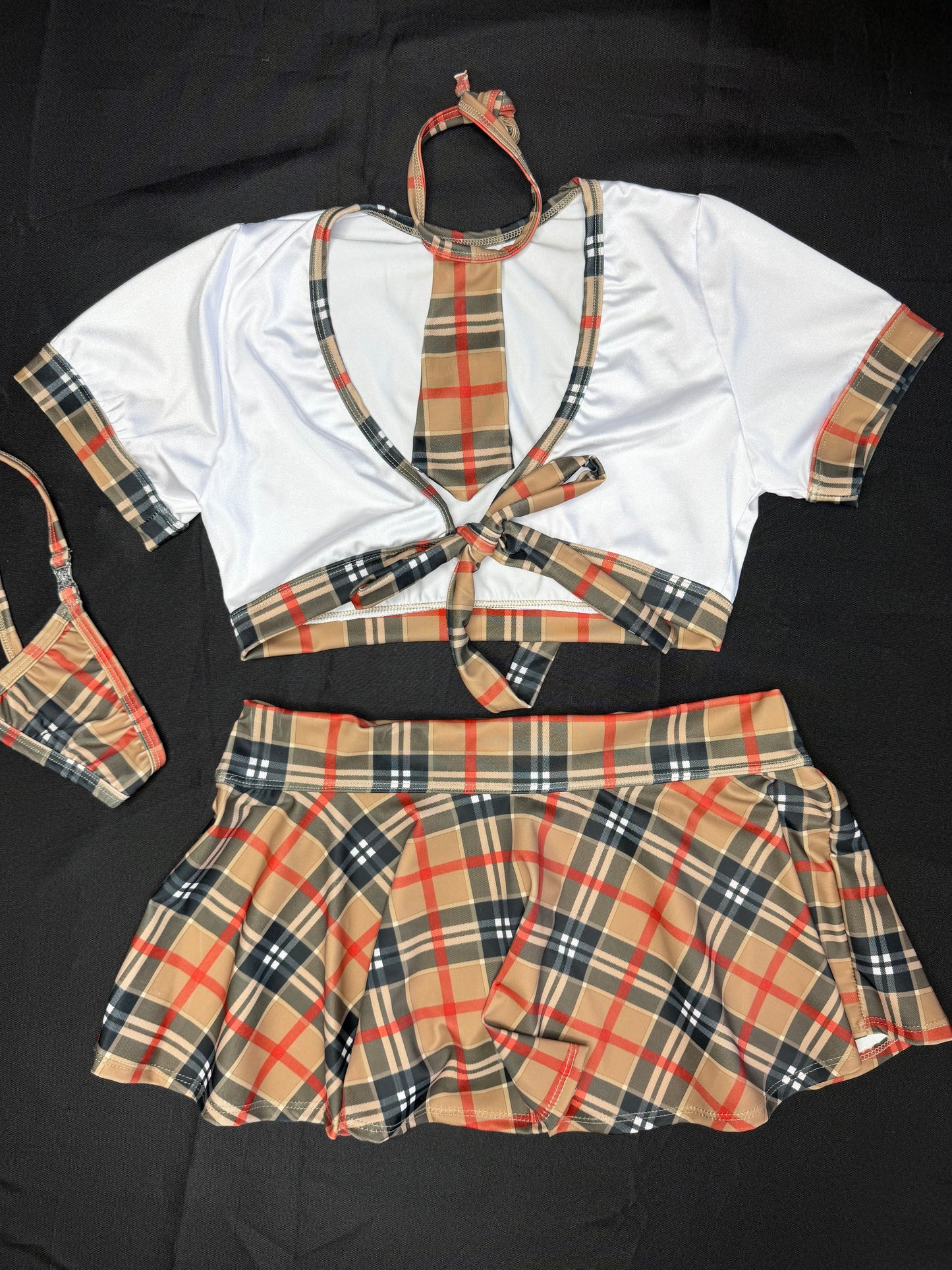 Plaid/White Spandex Short Sleeve/Skirt School Girl Outfit