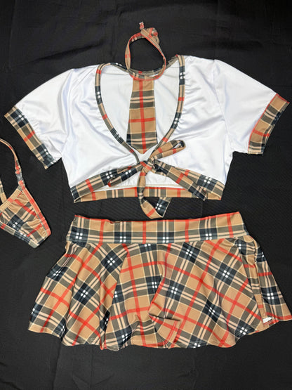 Plaid/White Spandex Short Sleeve/Skirt School Girl Outfit