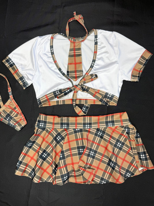 Plaid/White Spandex Short Sleeve/Skirt School Girl Outfit