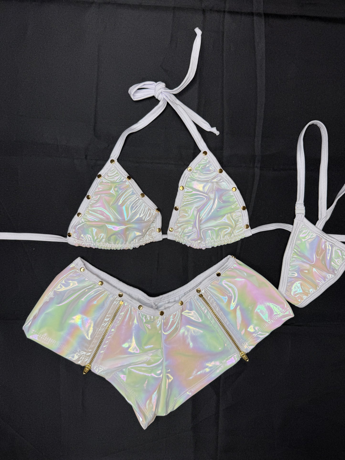Reflective White Latex/White Spandex Spandex Two-Piece Lingerie Outfit