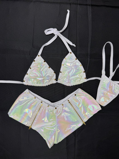 Reflective White Latex/White Spandex Spandex Two-Piece Lingerie Outfit