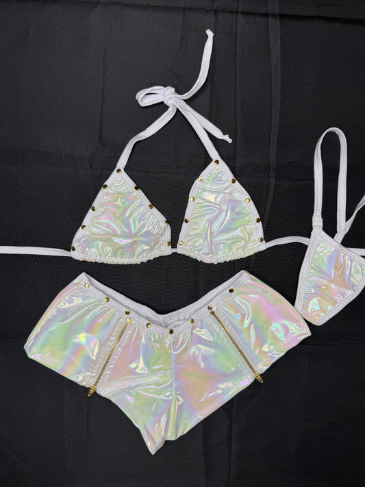 Reflective White Latex/White Spandex Spandex Two-Piece Lingerie Outfit