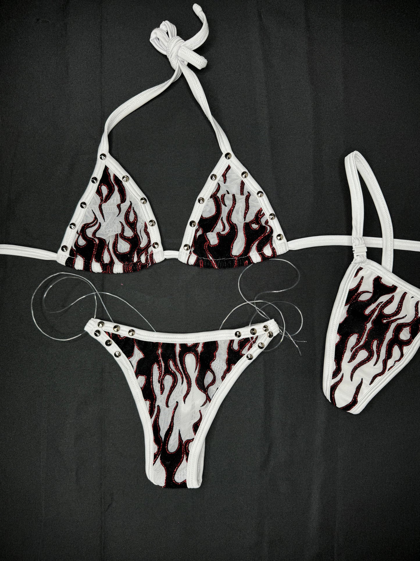 White Mesh Flame Red/Black Glitter Two-Piece Bikini Lingerie Outfit