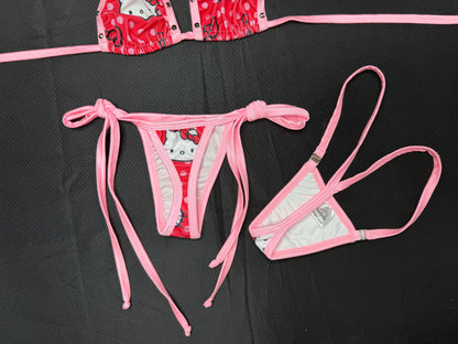 Red/Baby Pink Kitty Print Spandex Bikini Top/Side Tie Thong Leg Lingerie Outfit