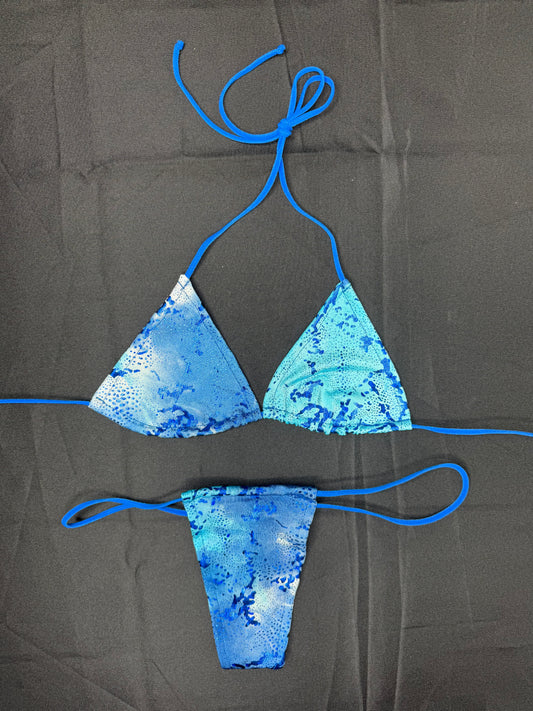 Blue Spandex Two-Piece Micro Bikini Lingerie Outfit