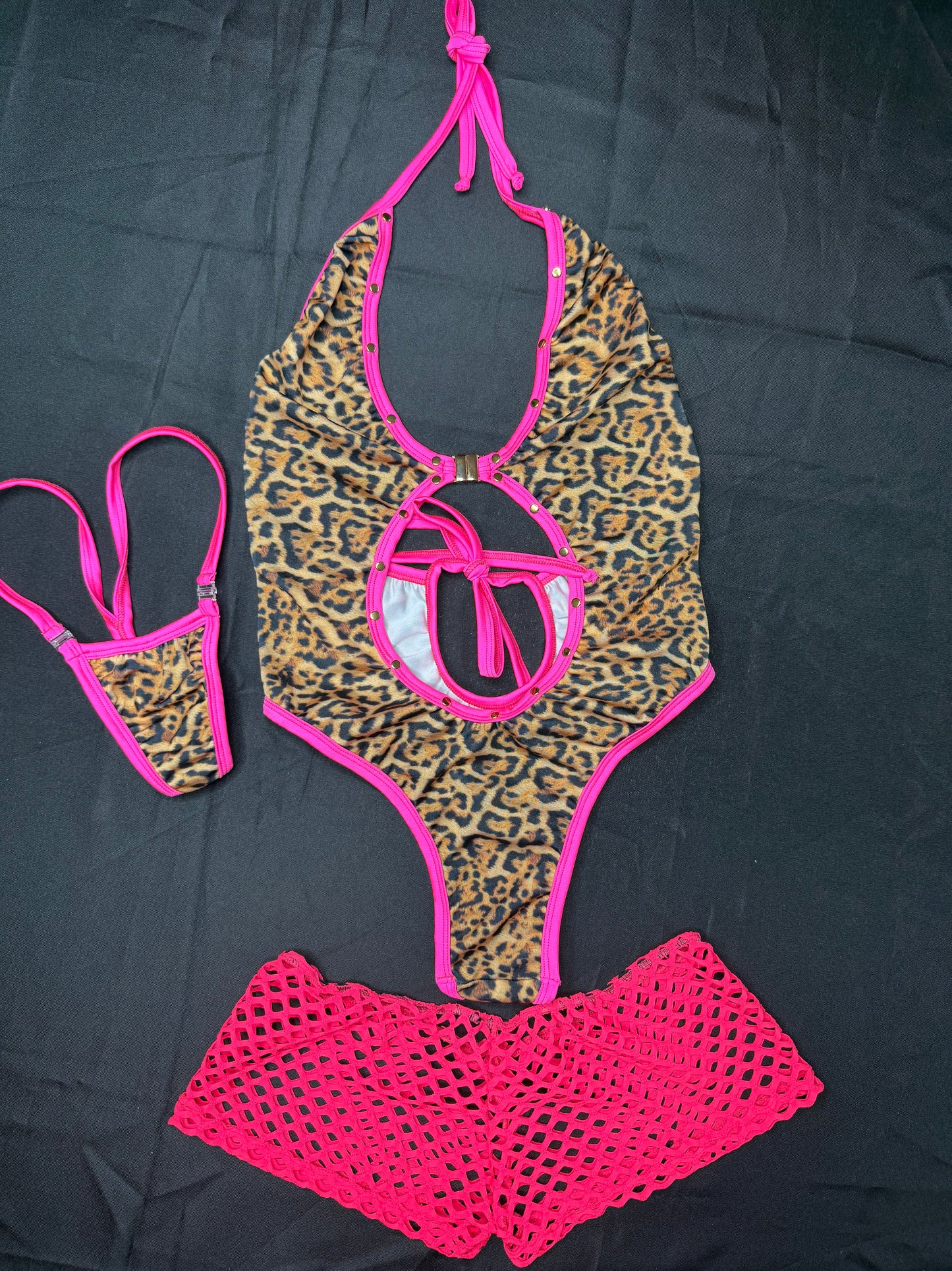 Cheetah Print/Hot Pink Fishnet Spandex One-Piece Hot Pink Fishnet Shorts Three-Piece Lingerie Outfit
