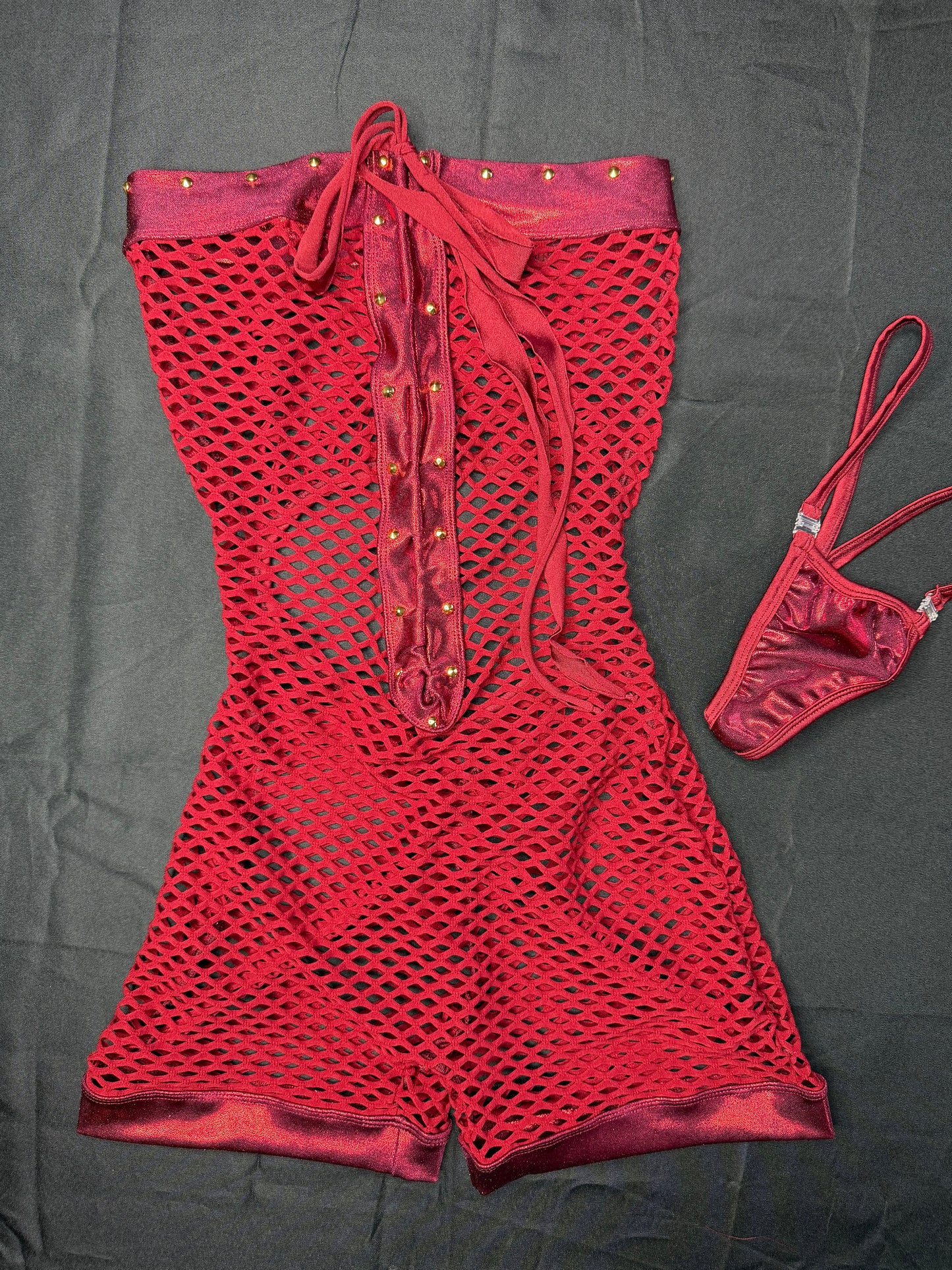 Burgundy Fishnet/Spandex One-Piece Lingerie Outfit