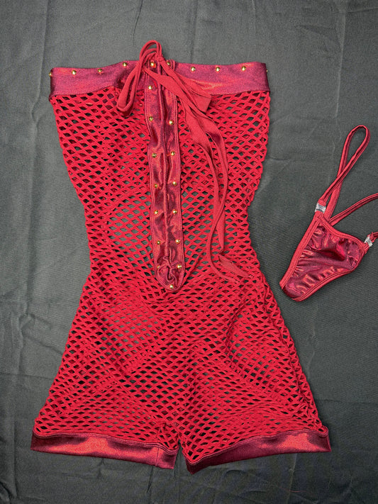 Burgundy Fishnet/Spandex One-Piece Lingerie Outfit