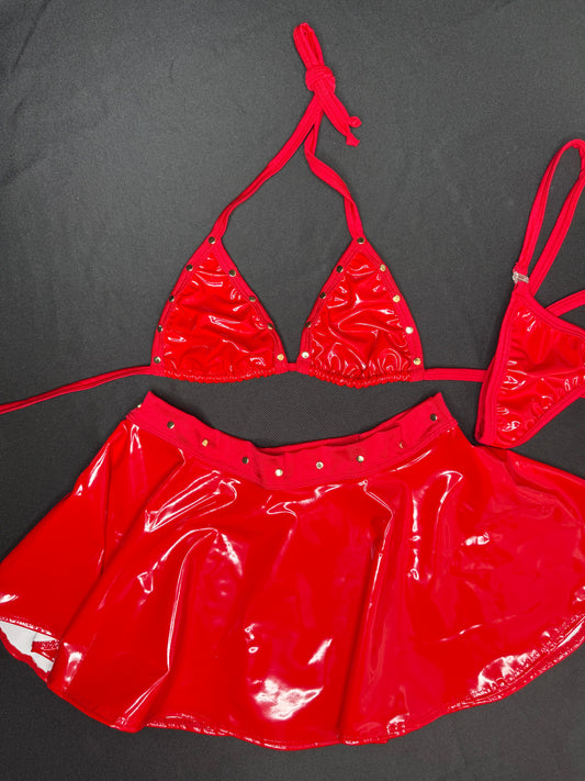 Red Latex Bikini Top/Skirt Two-Piece Lingerie Outfit