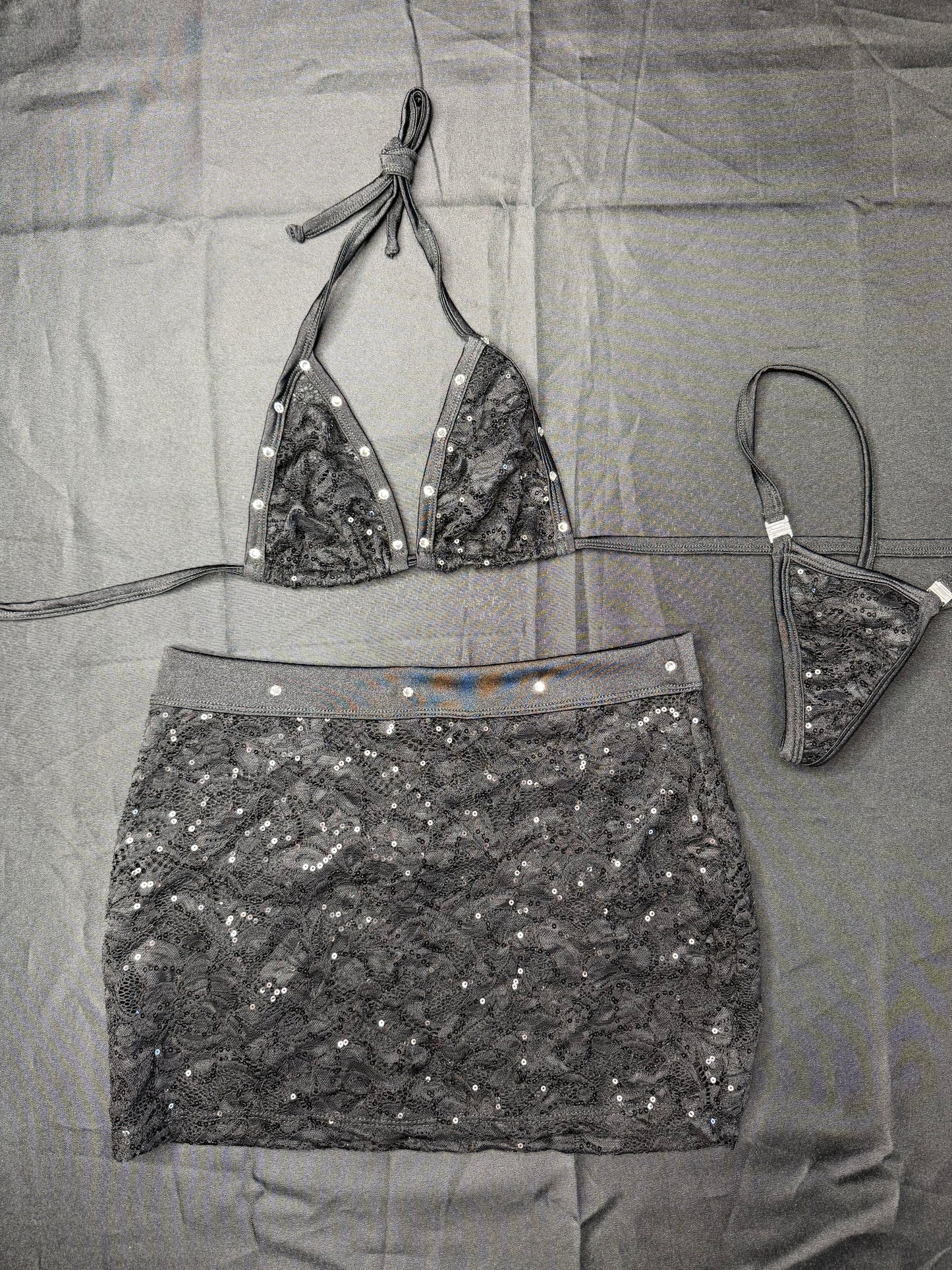 Black Sequence Lace/Spandex Two-Piece Skirt Lingerie Outfit