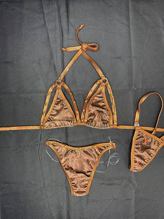 Brown Designer Velvet/Spandex Two-Piece Bikini Lingerie Outfit