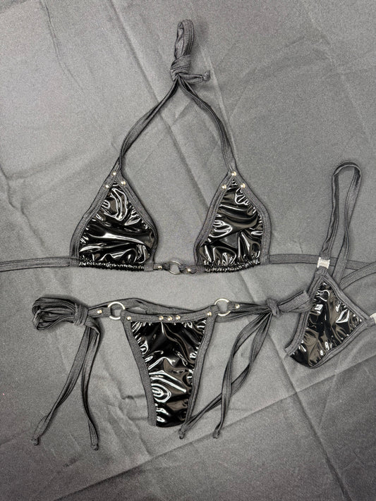 Black Latex Two-Piece Bikini Lingerie Outfit