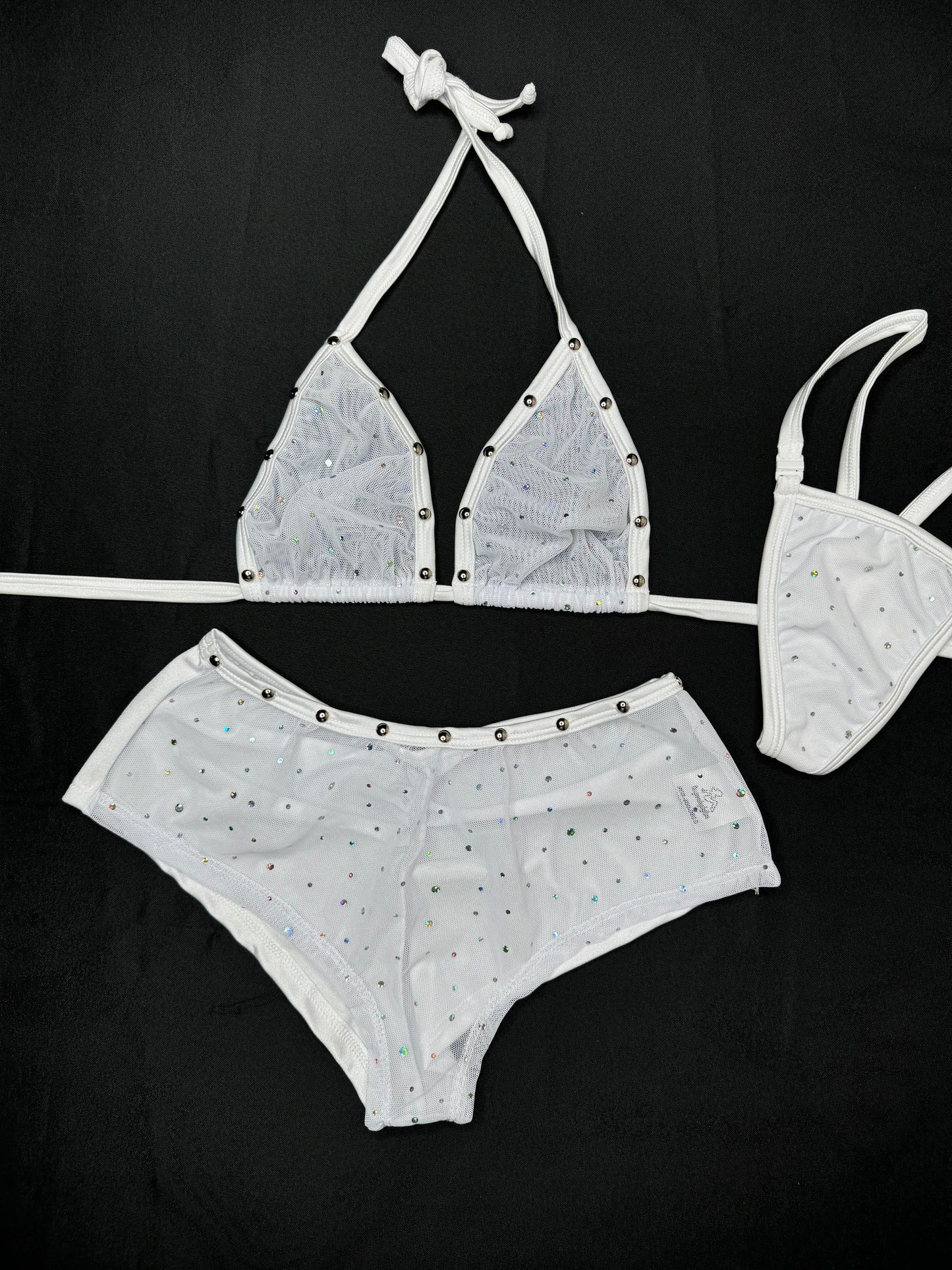 White Sparkle Mesh/White Spandex Two-Piece Shorts Lingerie Outfit