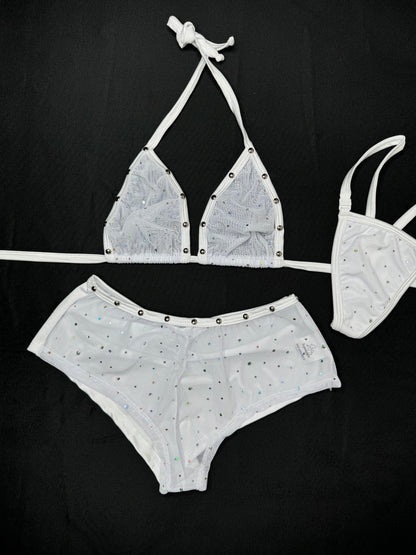 White Sparkle Mesh/White Spandex Two-Piece Shorts Lingerie Outfit