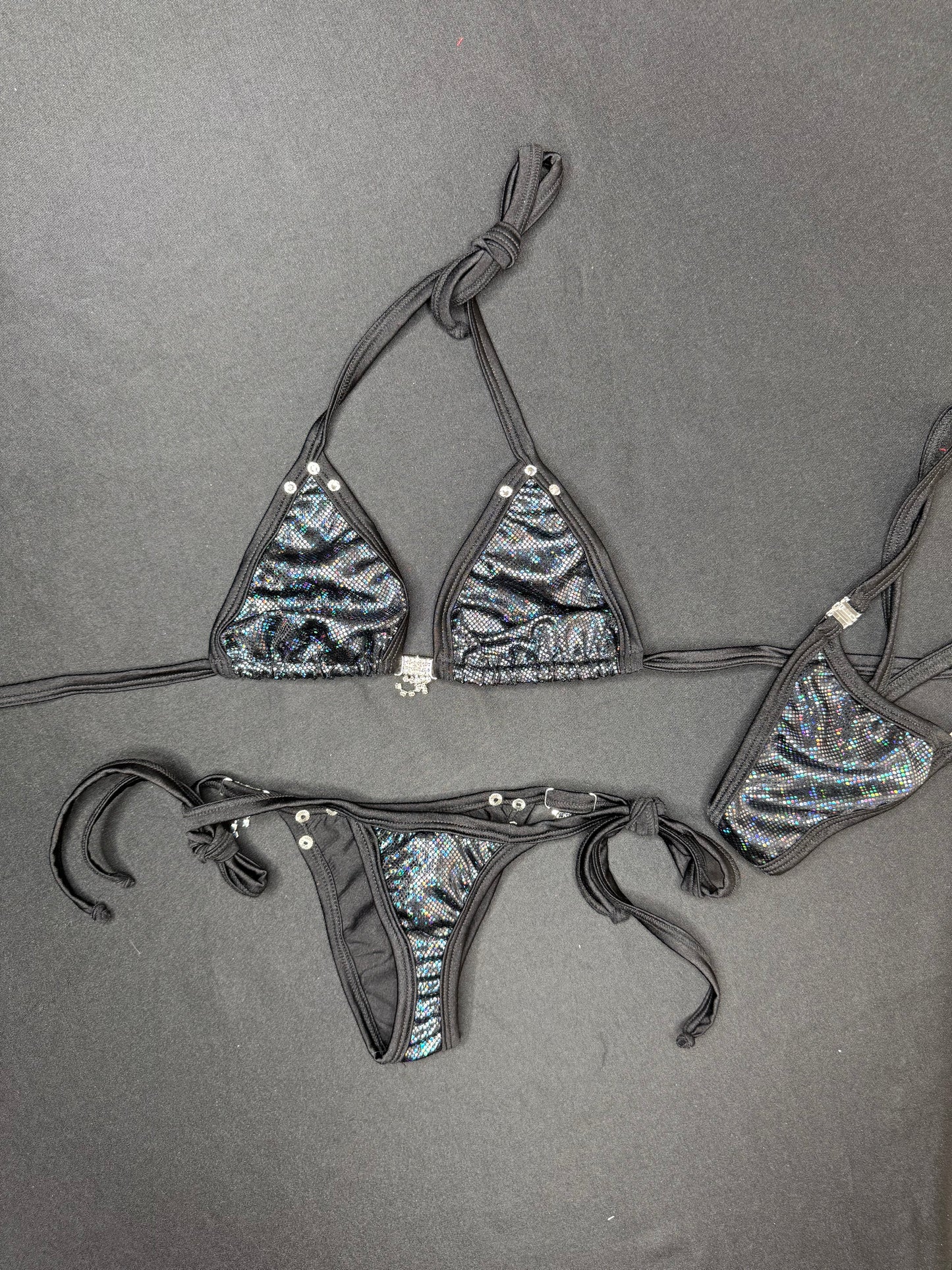Metallic Black Two-Piece Side-Tie Bikini Lingerie Outfit