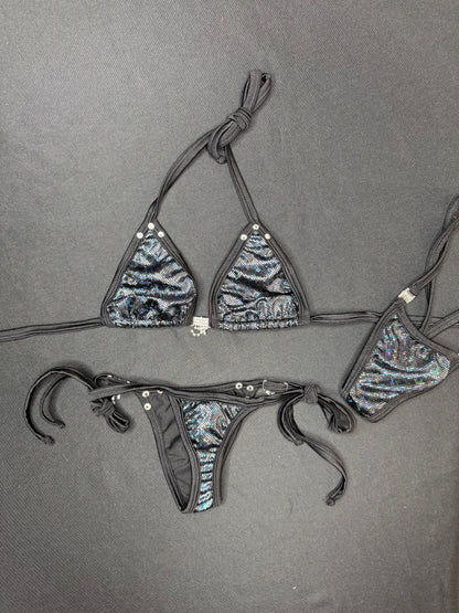 Metallic Black Two-Piece Side-Tie Bikini Lingerie Outfit
