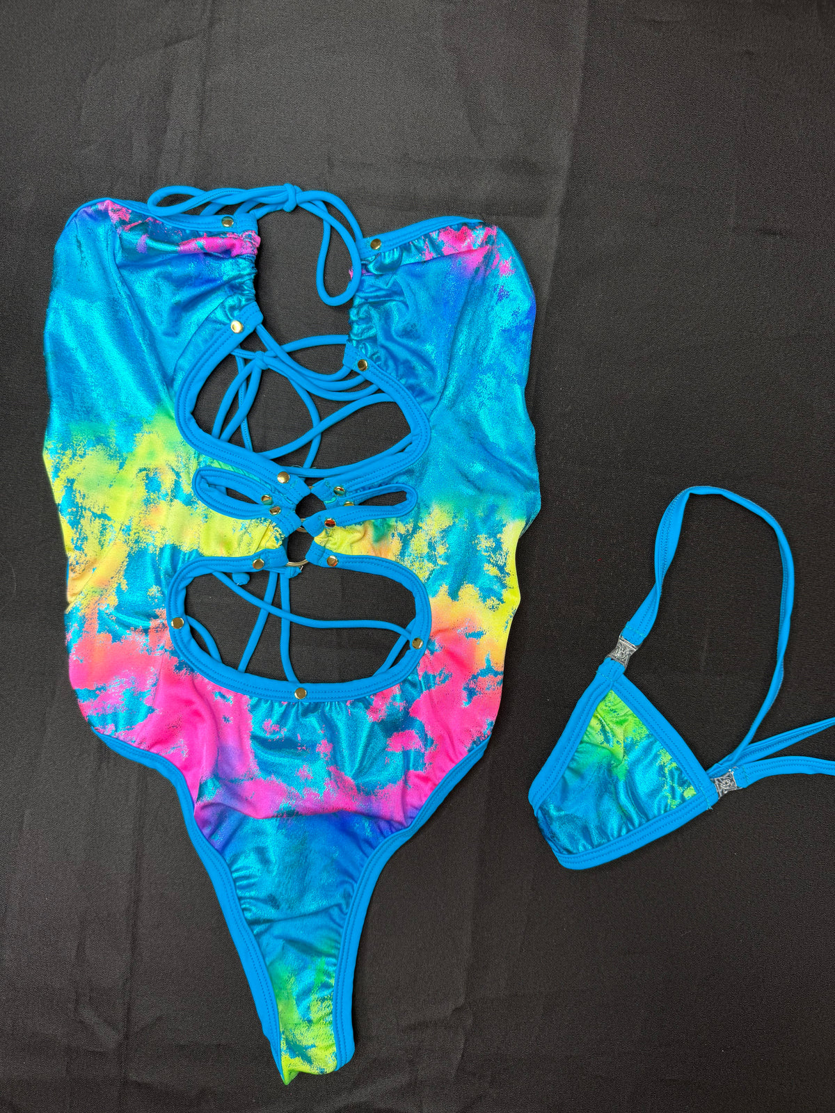 Metallic Turquoise/Aqua Blue One-Piece Lingerie Outfit