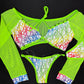 Neon Yellow Mesh/Rainbow Designer Long Sleeve Top/Bikini Bottoms Two-Piece Lingerie Outfit