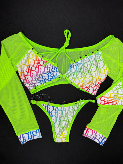 Neon Yellow Mesh/Rainbow Designer Long Sleeve Top/Bikini Bottoms Two-Piece Lingerie Outfit
