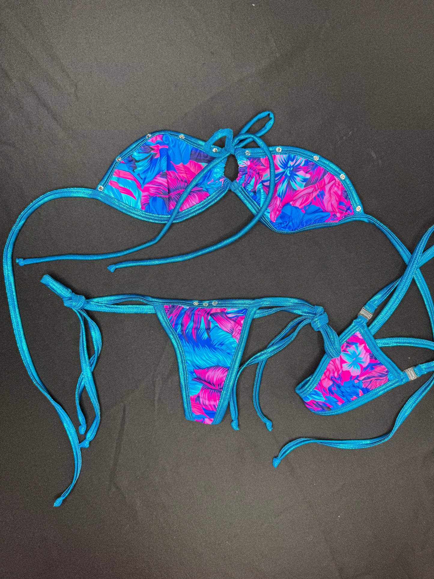 Floral Print/Metallic Aqua Spandex Two-Piece Bikini Lingerie Outfit