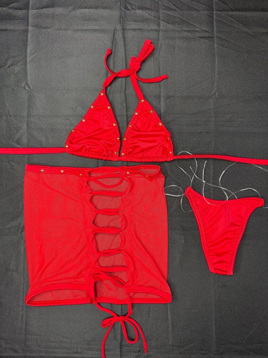 Red Spandex/Mesh Two-Piece Skirt Lingerie Outfit