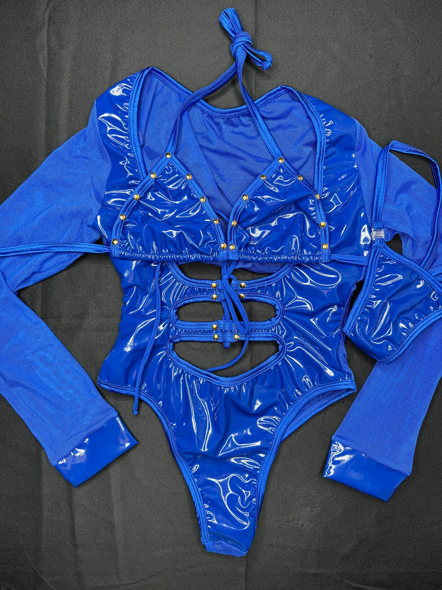 Royal Blue Latex Leotard Long Sleeve One-Piece Outfit
