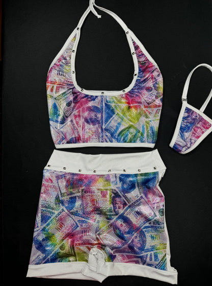 Holographic Money Print Two-Piece Sports Bra/Ripped Shorts Lingerie Outfit