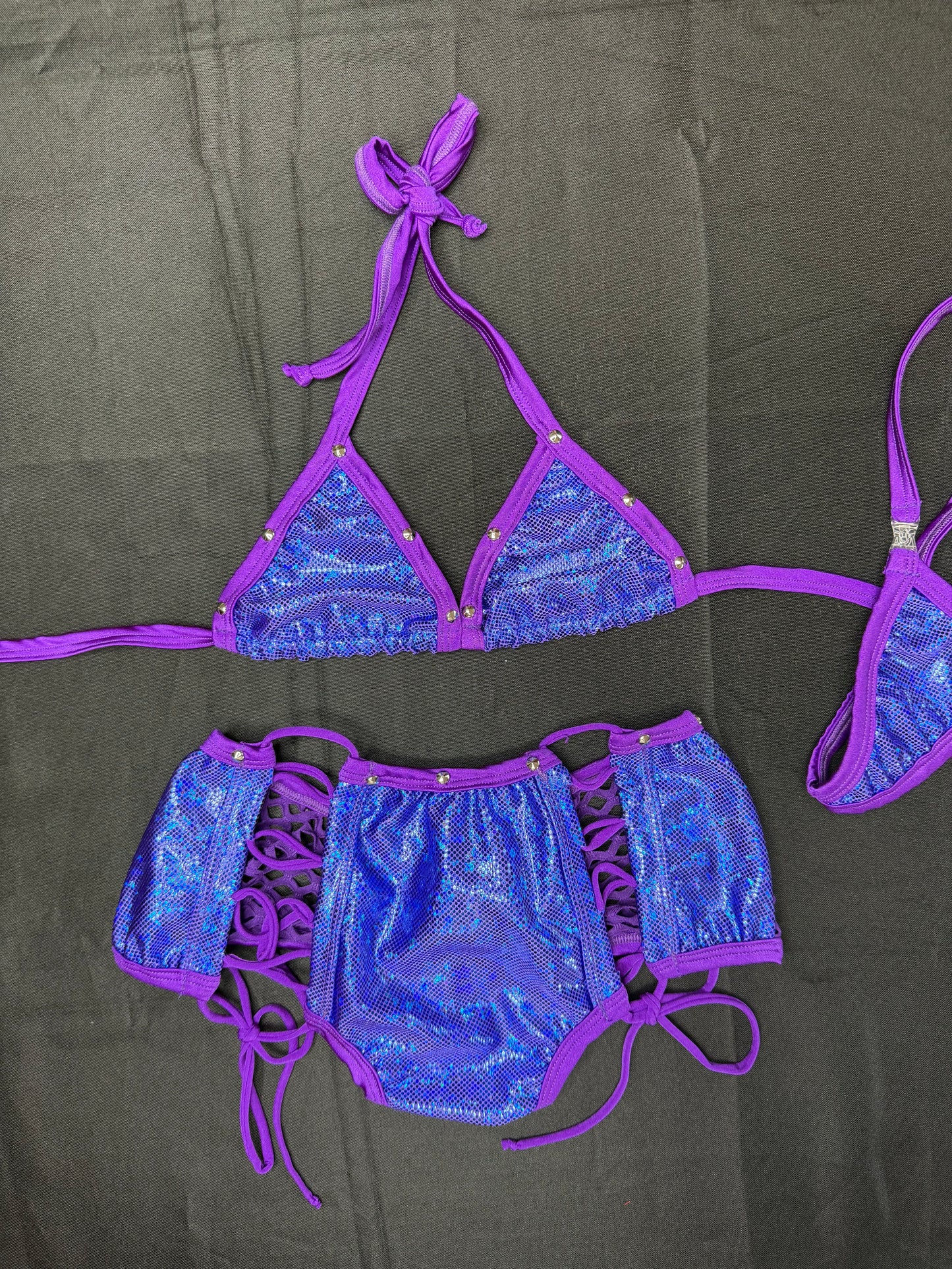 Metallic Royal Blue/Purple Spandex Bikini Top/Shorts Two-Piece Lingerie Outfit