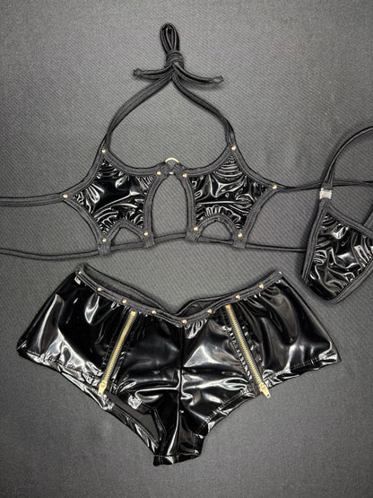 Black Latex Star Top/Shorts Two-Piece Lingerie Outfit