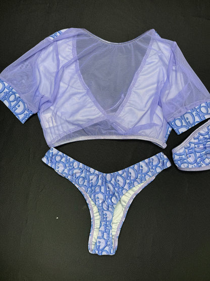 Lavender Designer Spandex/Lavender Mesh Two-Piece Cheeky Thong Lingerie Outfit