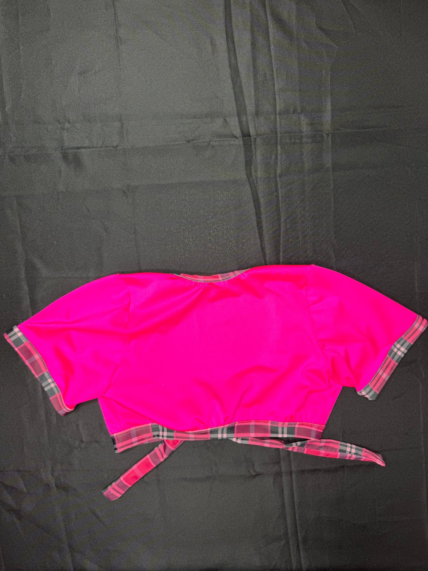 Hot Pink Plaid Spandex Short Sleeve Skirt with Tie Lingerie Outfit