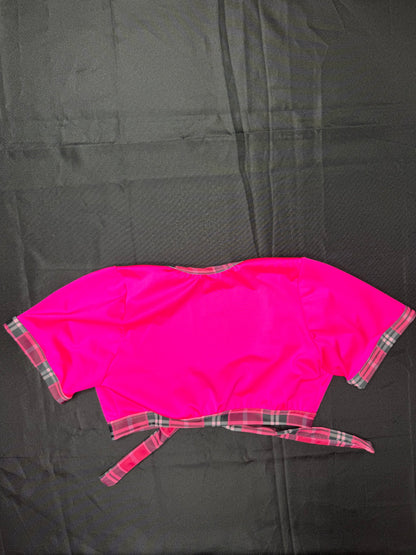 Hot Pink Plaid Spandex Short Sleeve Skirt with Tie Lingerie Outfit