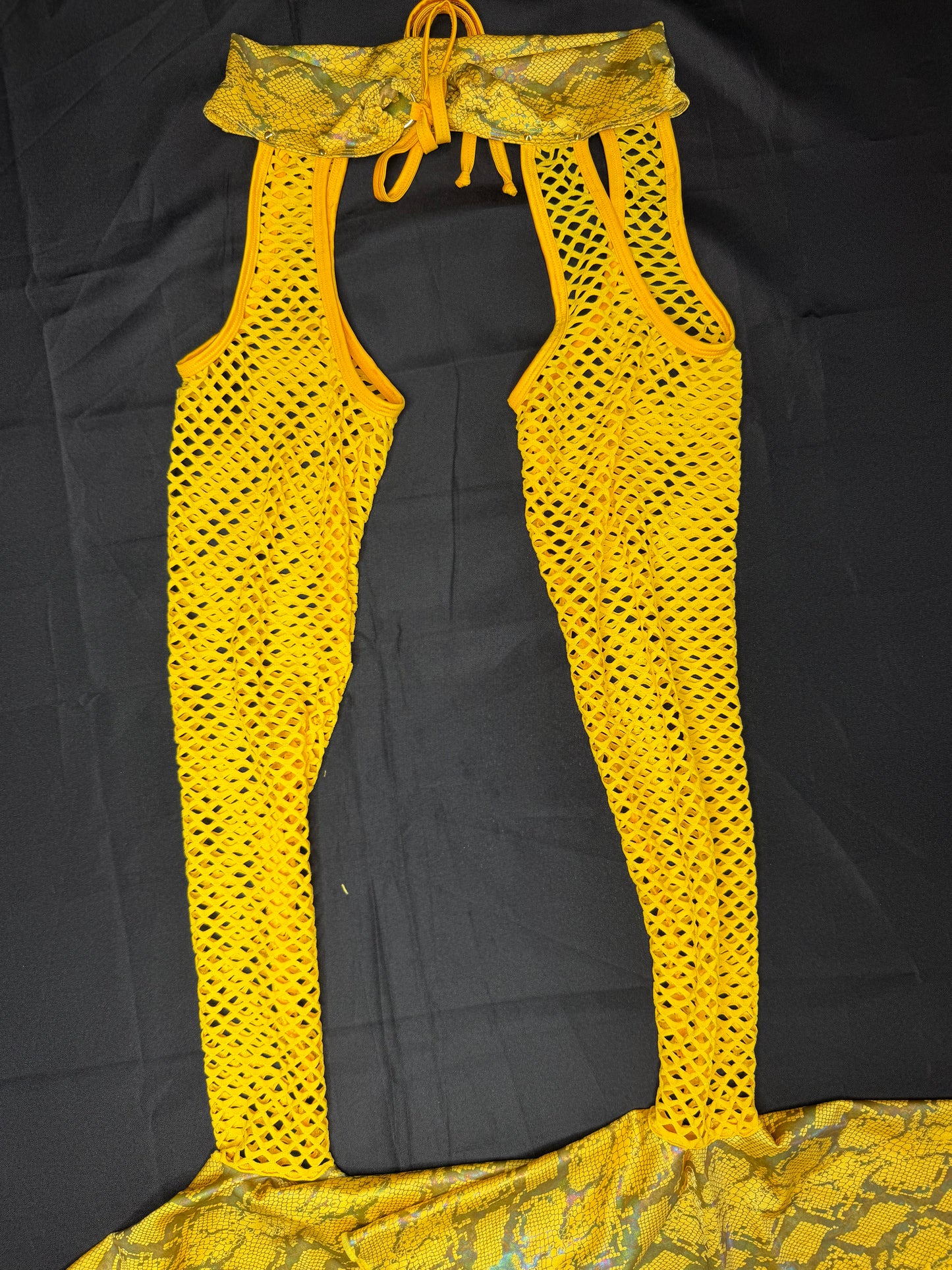 Yellow Animal Print/Daffodil Yellow Fishnet Spandex Chaps Leg Outfit/Bikini Lingerie Outfit