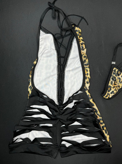 Holographic Cheetah Print One-Piece Ripped Back Lingerie Outfit